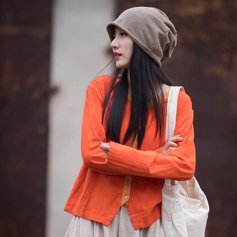 Artistic Retro Contrast Color Design Cotton And Linen New Round Neck Loose Shirt - Trendha