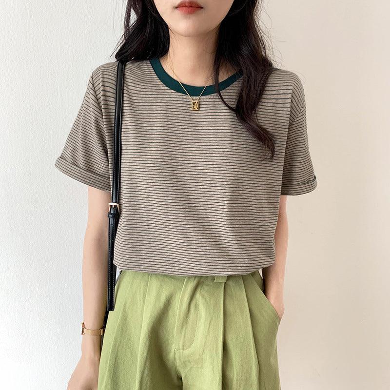 Autumn And Winter Brown Pullover Base Short Sleeve Turtleneck Round Neck Temperament Commute Striped Loose Cotton Base Shirt - Trendha