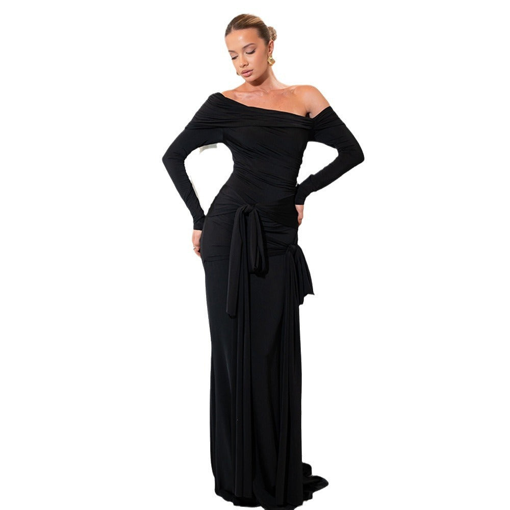 Women's Off-shoulder Pleated Tube Top Lace Tassels Pleating Dress