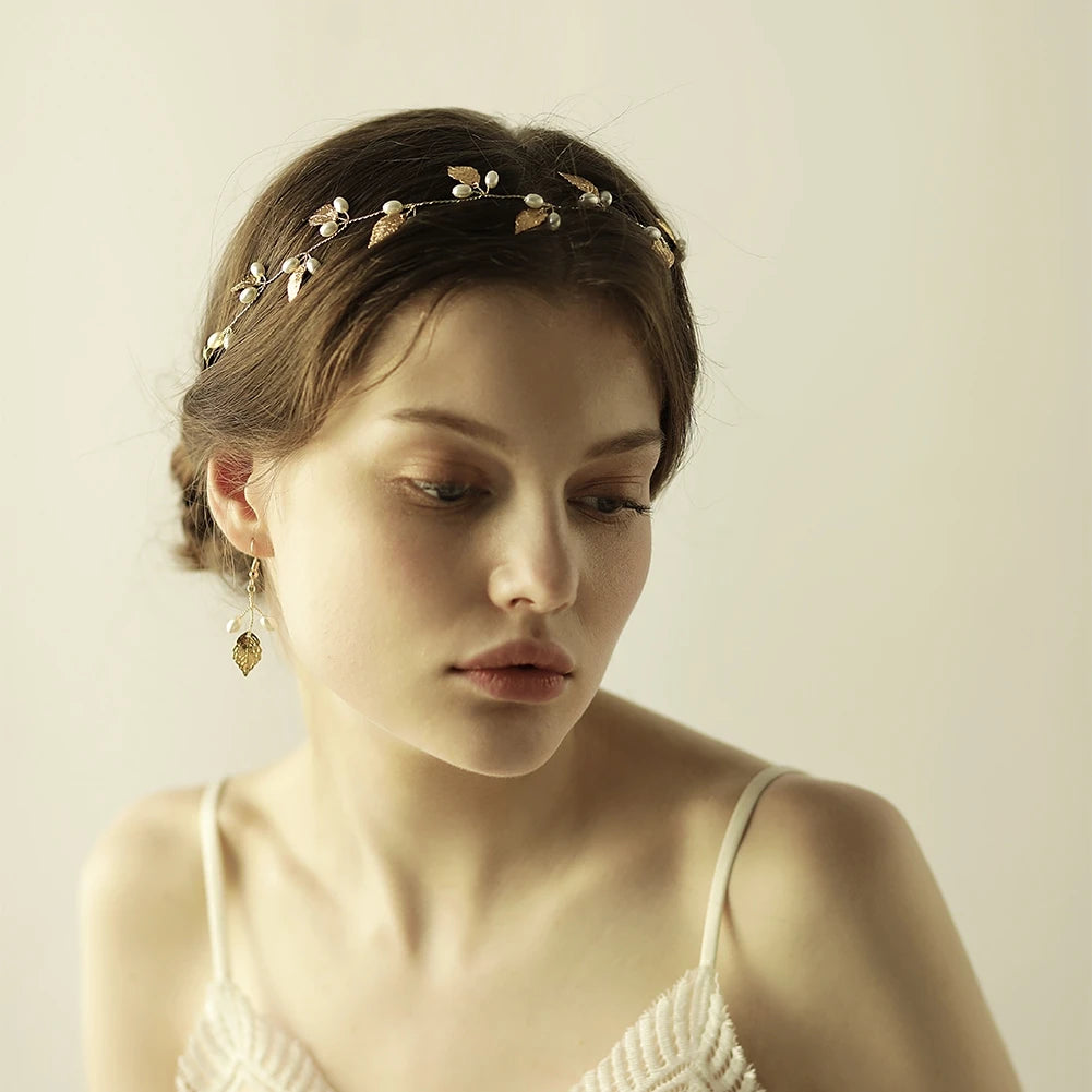 Pearl Flower Leaf Headband Crown – Elegant Bridal Wedding Hairpiece