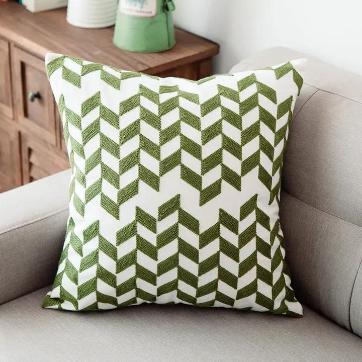 Green Geometric Embroidered Cushion Cover - 18x18 Inches, Cotton Canvas