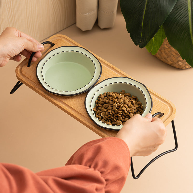 Ceramic Dog & Cat Bowl with Wood Stand