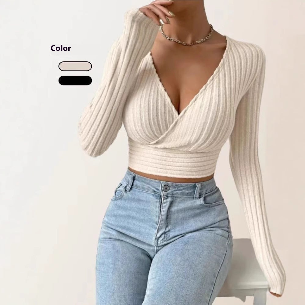 Short Deep V-neck Slim-fit Long Sleeve Knitted Sweater