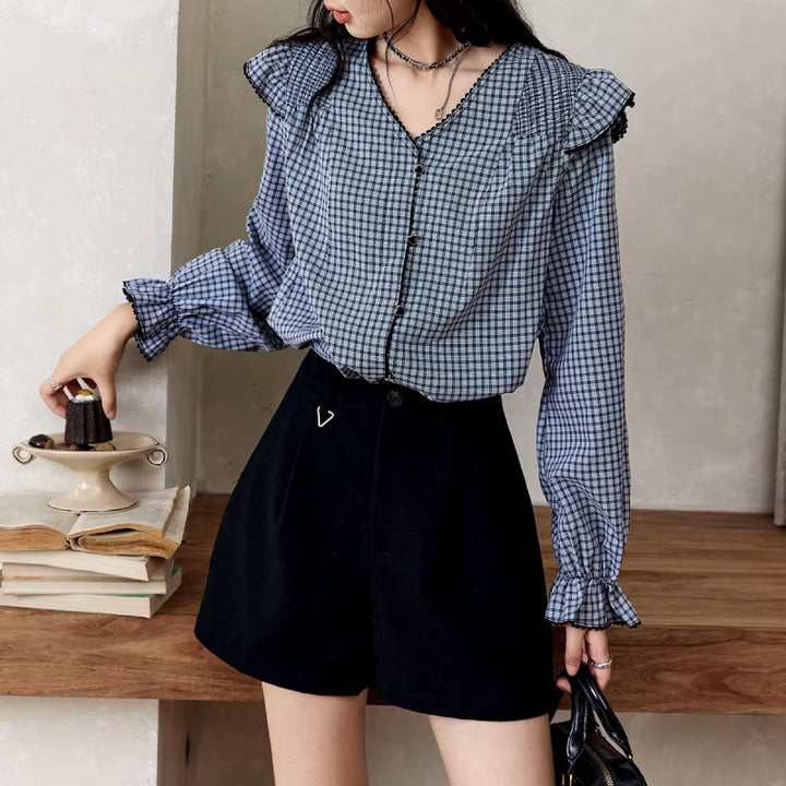 Plaid Ruffle Sleeve V-Neck Blouse