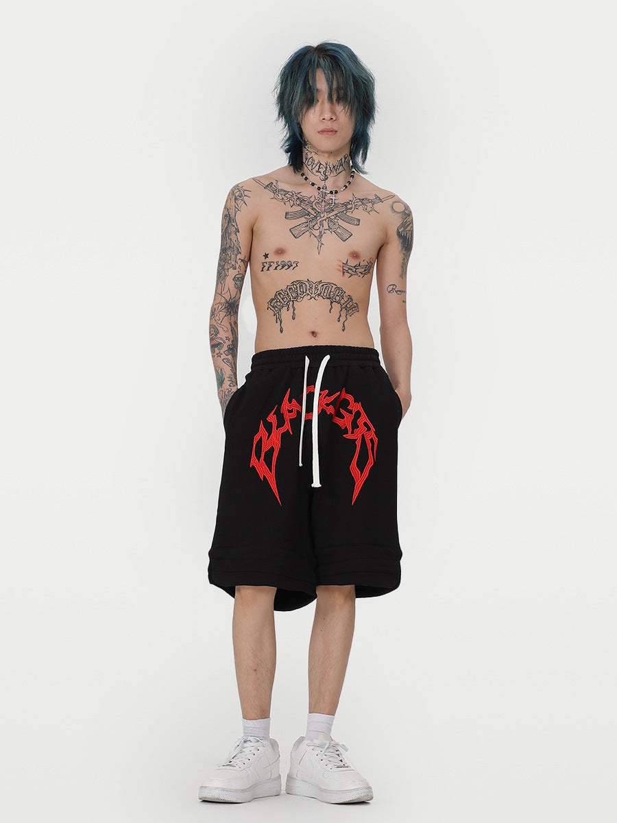 Summer Men's Cropped Pants Embroidered Letters Loose