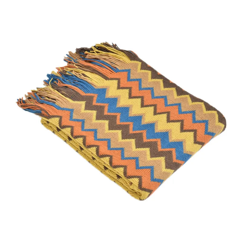 Colorful Zigzag Knit Throw Blanket with Tassel Fringe – Soft &amp; Lightweight for Couch, Bed, or Travel