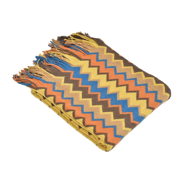 Colorful Zigzag Knit Throw Blanket with Tassel Fringe – Soft &amp; Lightweight for Couch, Bed, or Travel