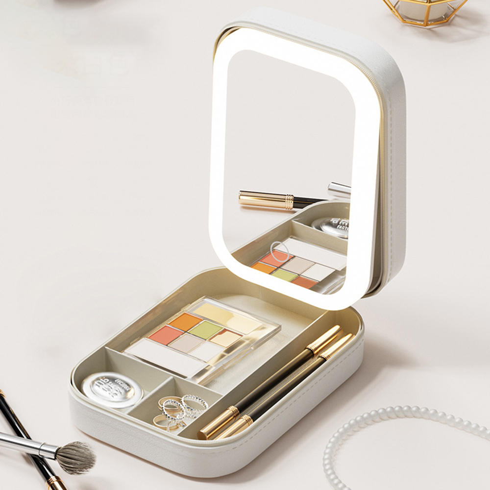 Portable LED Makeup Mirror with Adjustable Brightness and Storage