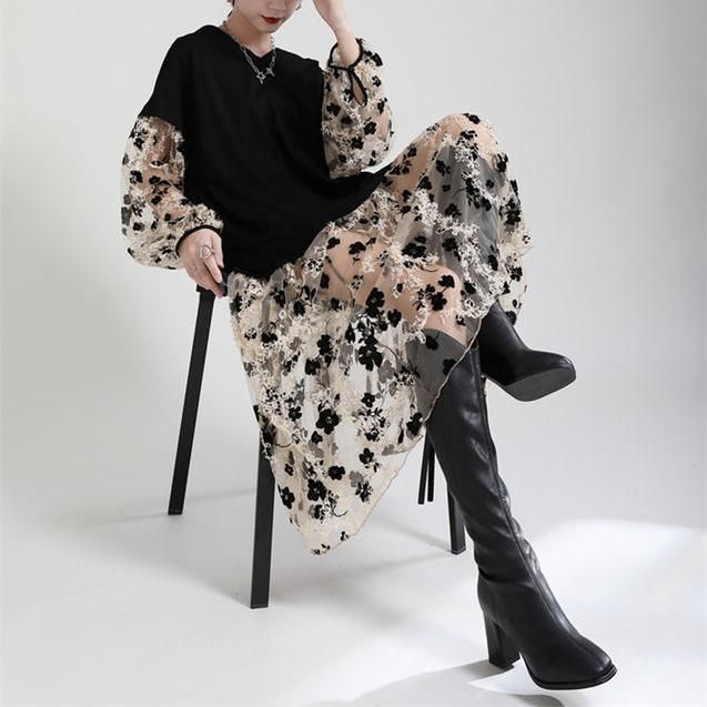 Women's Loose Dress with Floral Sheer Panels
