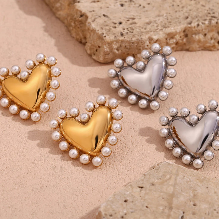 18K Gold Plated Pearl Heart Hoop Earrings - Hypoallergenic Stainless Steel