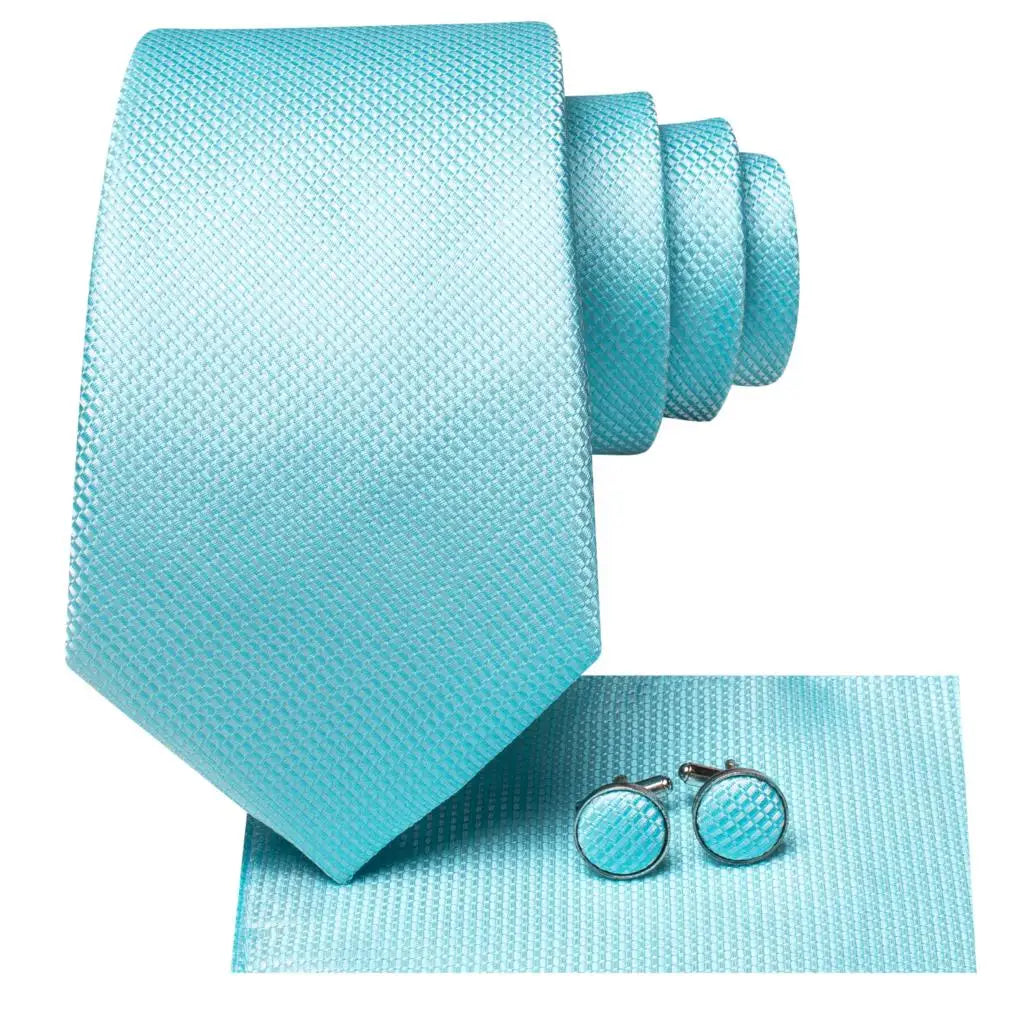 Men's Luxury Peacock Blue Plaid Silk Necktie Set with Cufflinks & Pocket Square