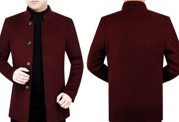 Middle-aged Men's Woolen Coat Velvet Stand Collar Dad Wear Autumn And Winter Fleece Padded