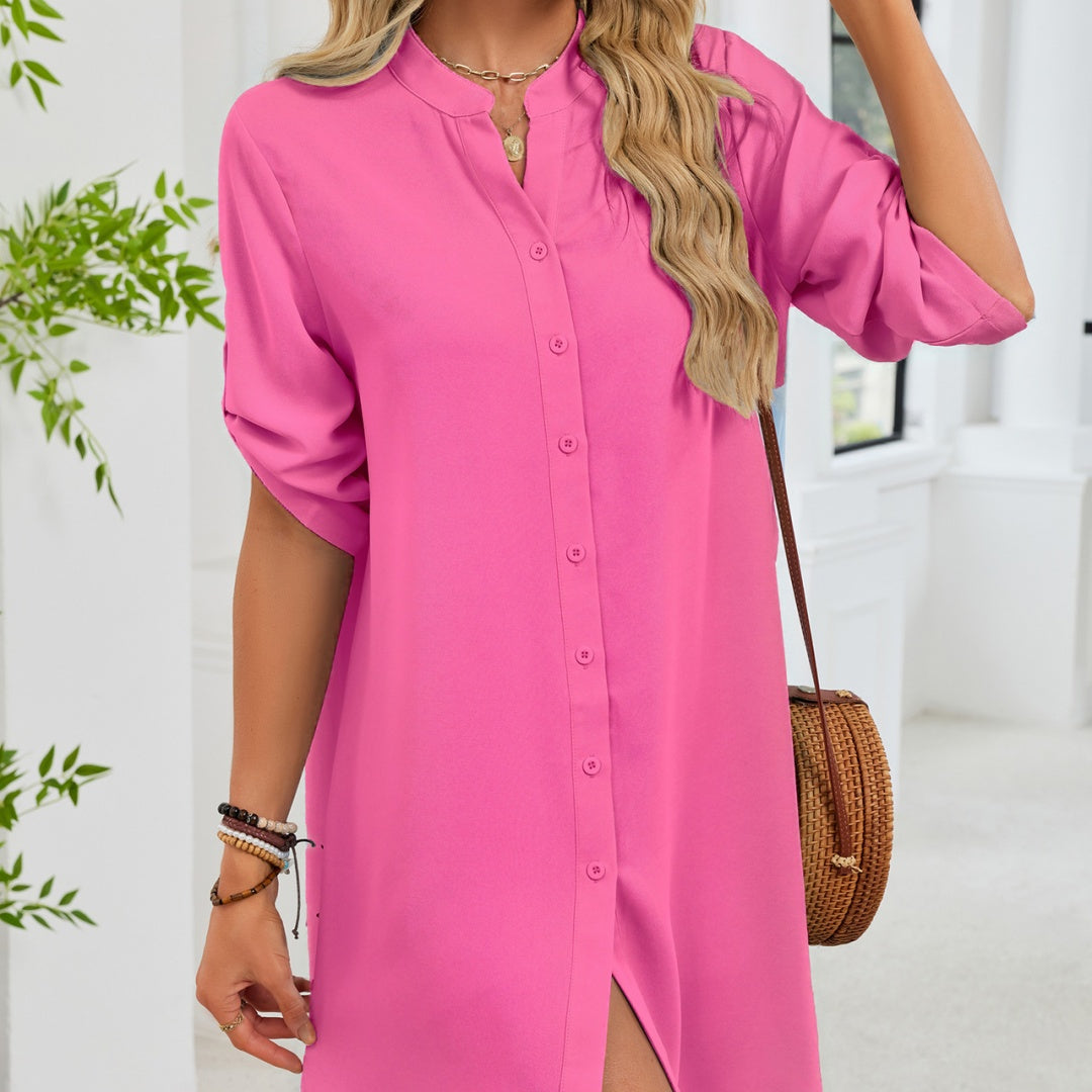 V-neck Shirt-sleeve Button-down Dress For Women