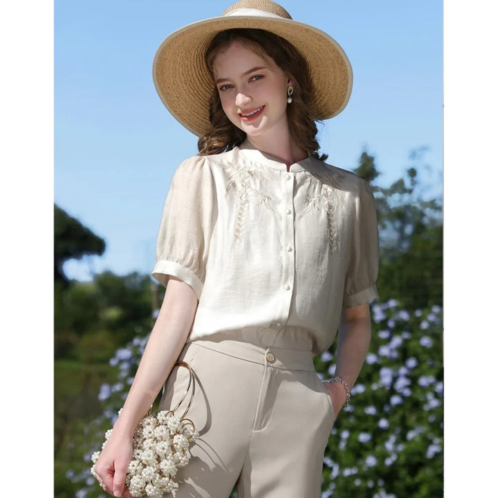 Elegant Silk Blend Chinese Style Puff Sleeve Blouse