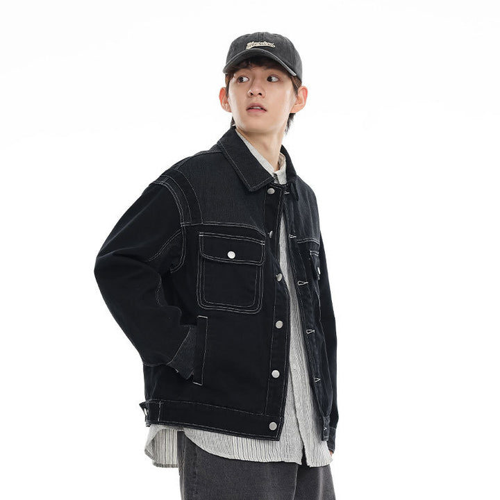 Color Stitching Turnover Neck Denim Coat Men And Women Cityboy Loose Workwear Casual Jacket