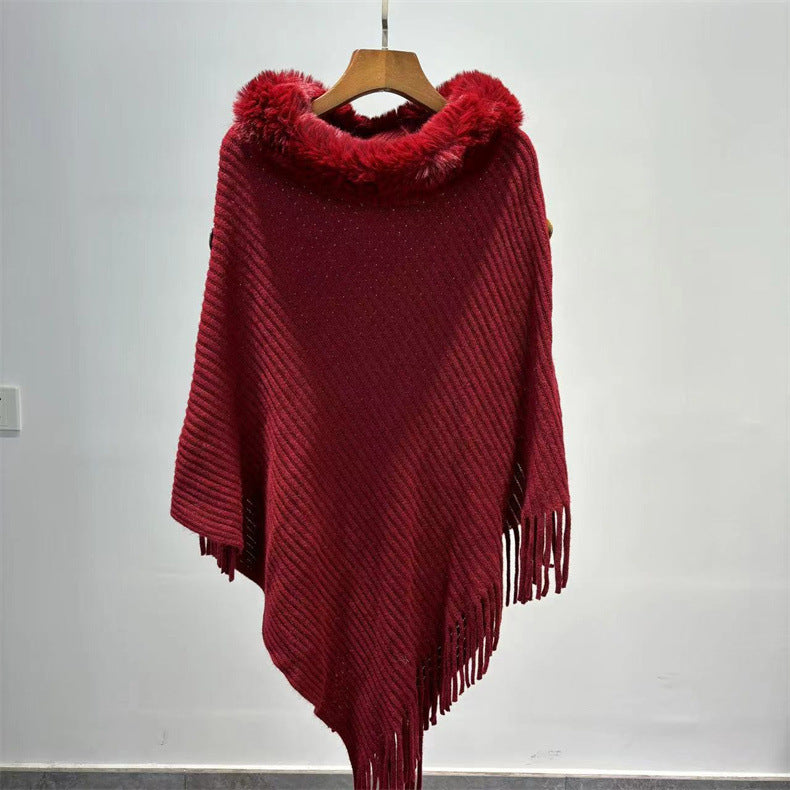 Fur Collar Shawl Knitted Lady Temperament Warm Thick Loose Tassle Fashion Atmosphere Cape