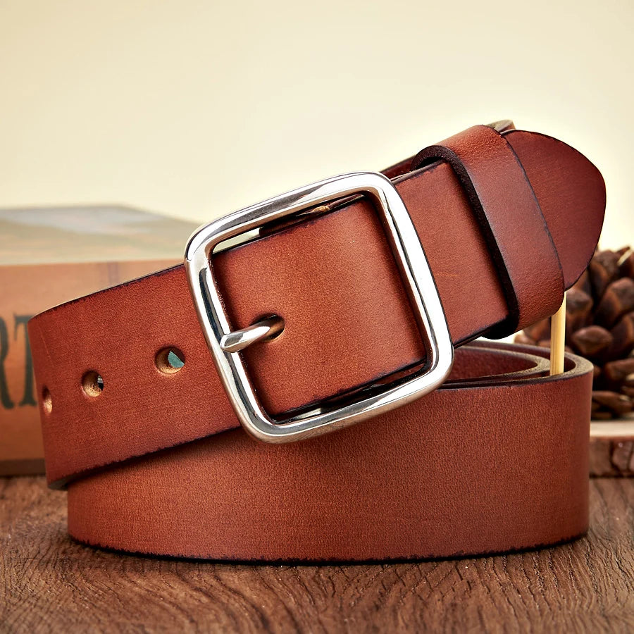 3.8CM Men’s Vintage Cowskin Leather Belt with Anti-Allergy Stainless Steel Buckle