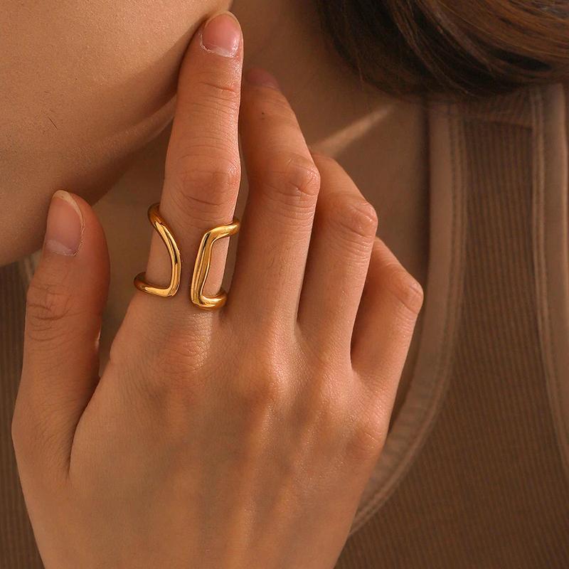 Stainless Steel Minimalist Double Layer Opening Ring 18K Gold Plated