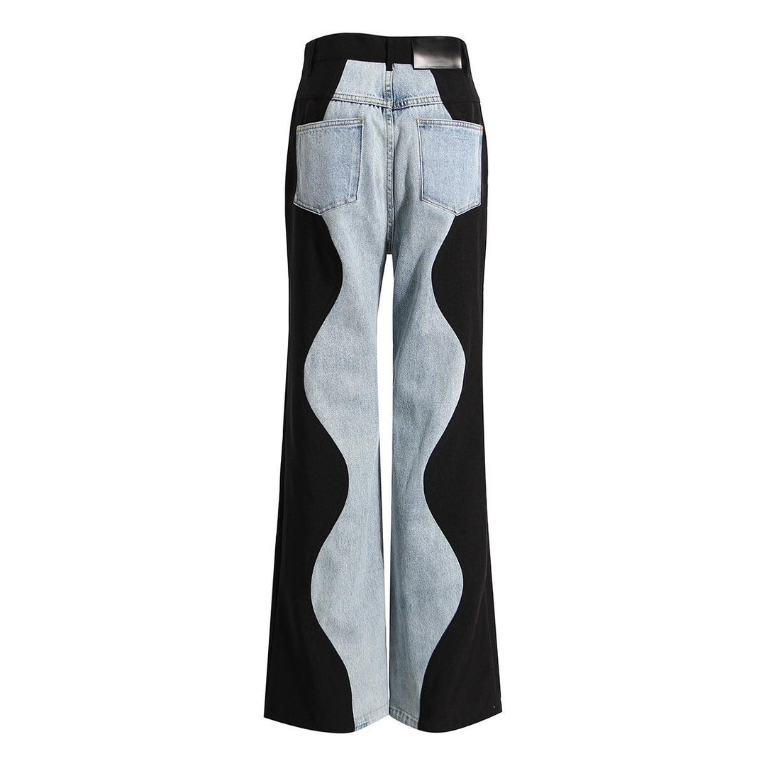 Black And Blue Wavy Denim Splicing Straight Wide Leg Pants - Trendha