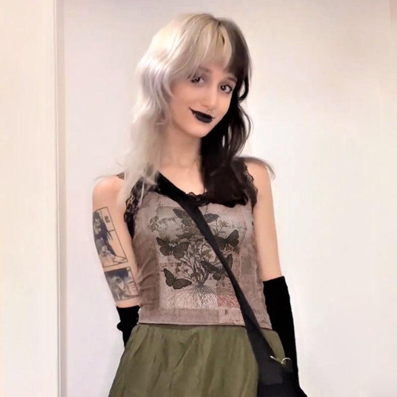 Brown Sleeveless Top with Black Lace Trim