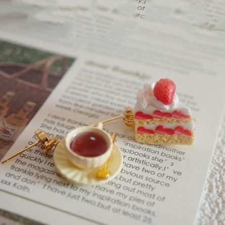 Black Tea With Strawberry Triangle Cake Handmade Miniature Food Play Earrings - Trendha