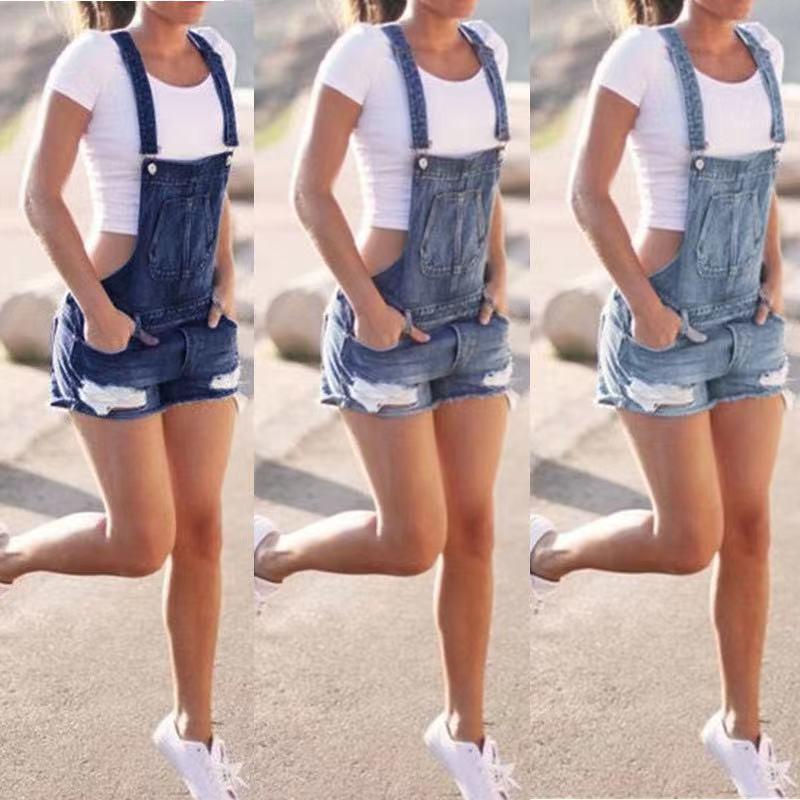 Blue Mid-waist Denim Dark Overalls Shorts - Trendha