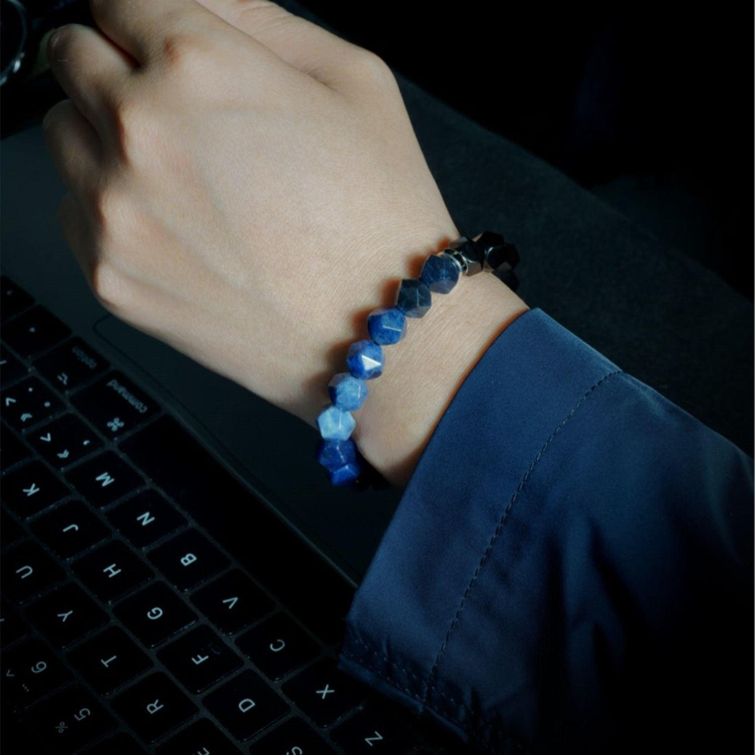 Bracelet Men's Crystal String Natural Blue Stone