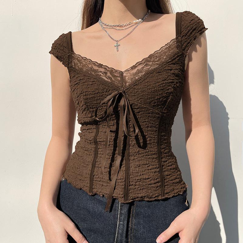 Brown Vintage Bow Fashion Top - Trendha
