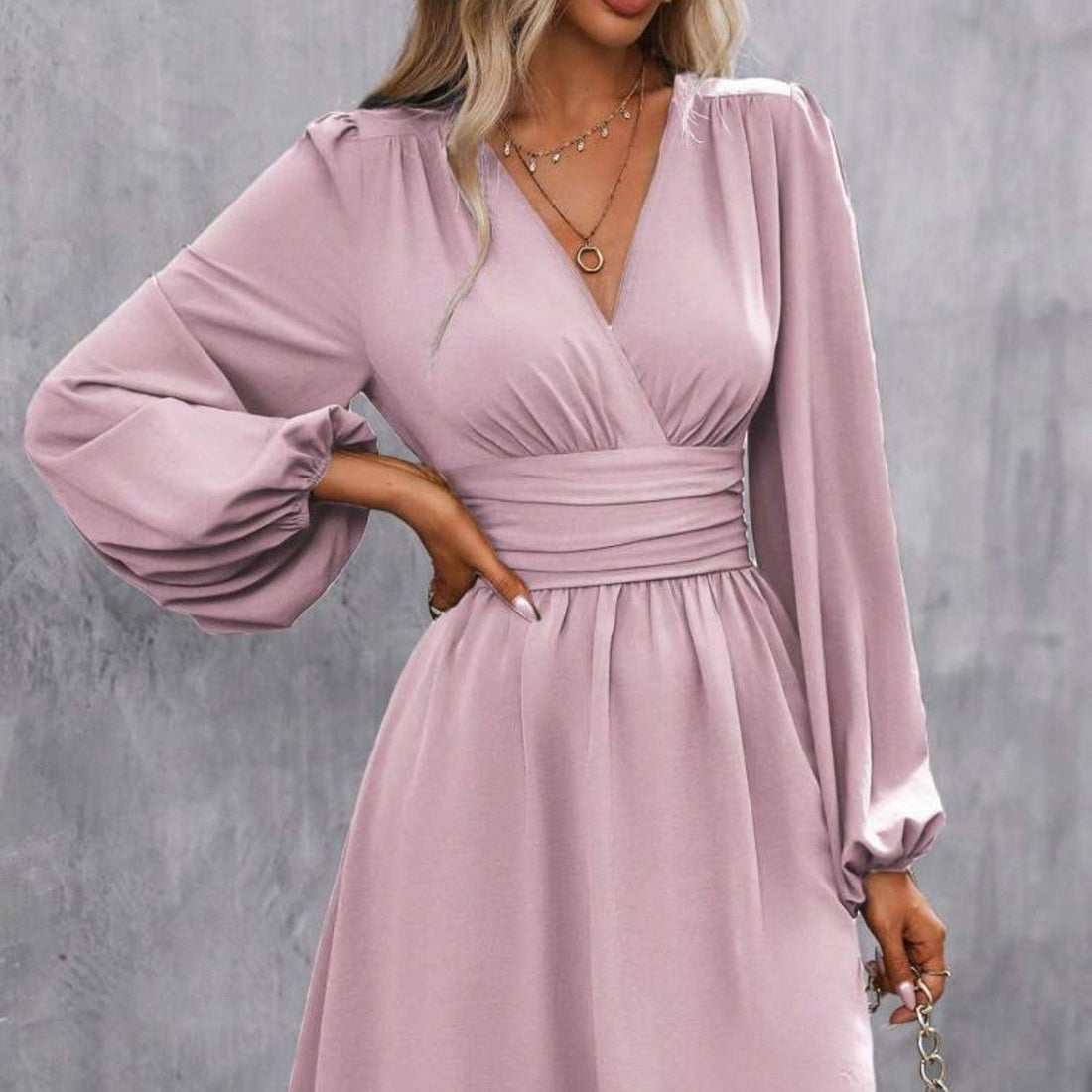 Chest Wrap V-Neck Lantern Sleeve Dress