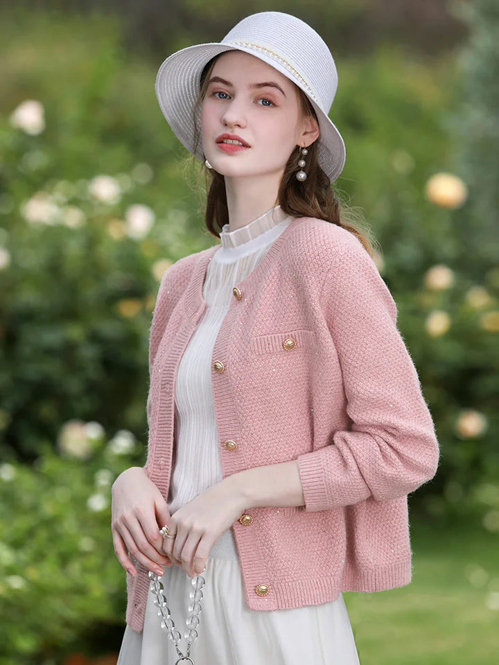 Stylish Pink Tweed Knit Jacket and Shorts Set