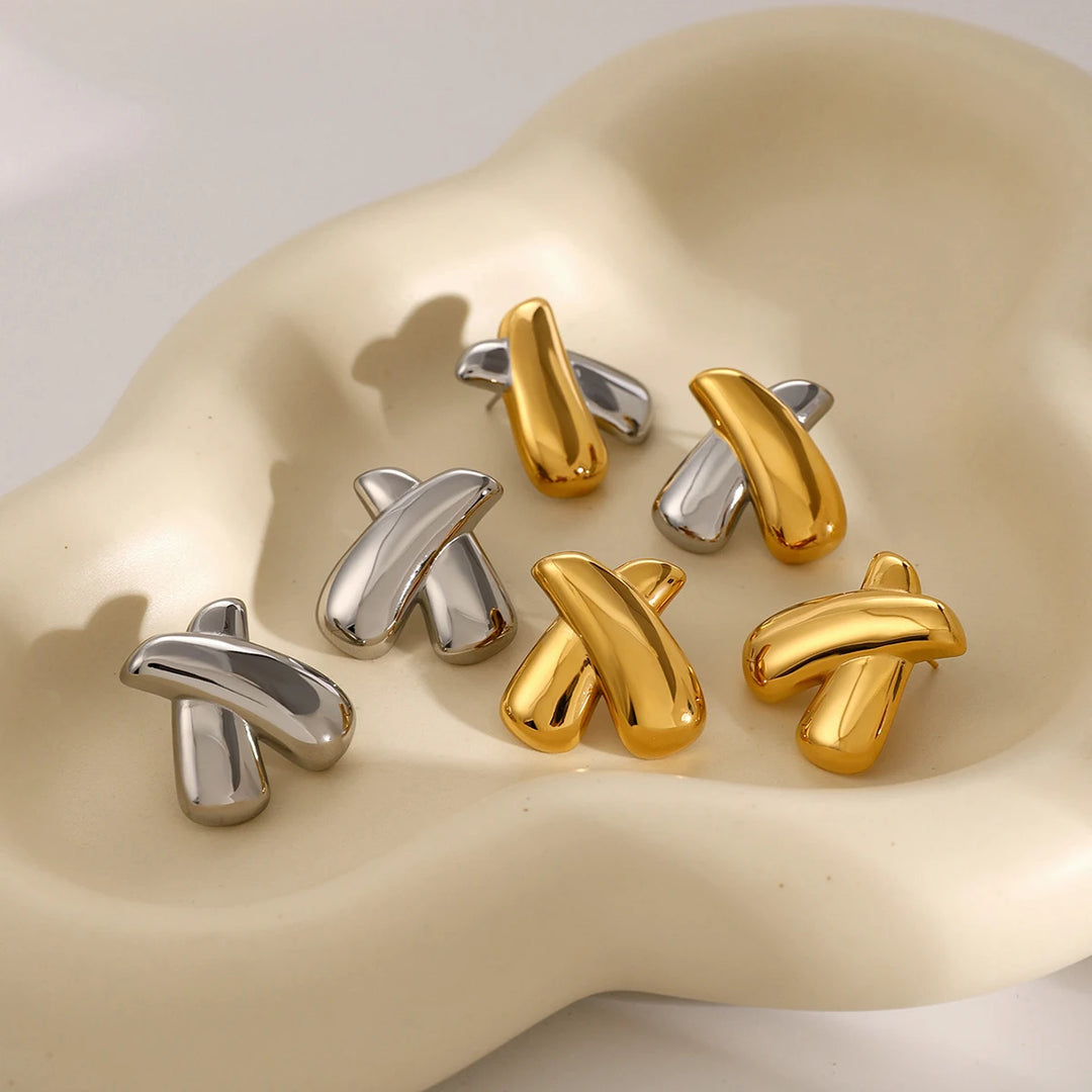 18K Gold PVD Plated Chubby X Shaped Stainless Steel Stud Earrings