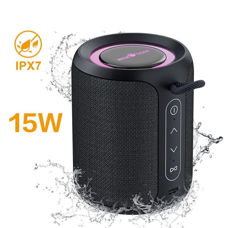 Portable Waterproof Bluetooth Speaker with Bass Boost and Dynamic LED Lights, 15W
