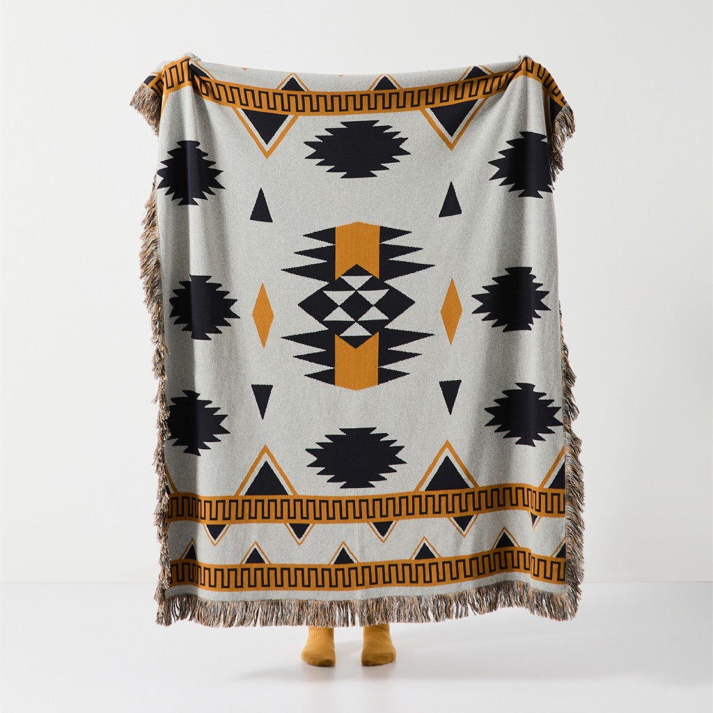 Bohemian Geometric Pattern Blanket with Luxurious Fringes