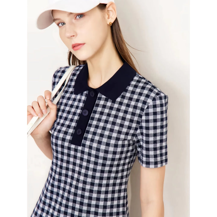 Checkerboard Slim Polo Collar Dress