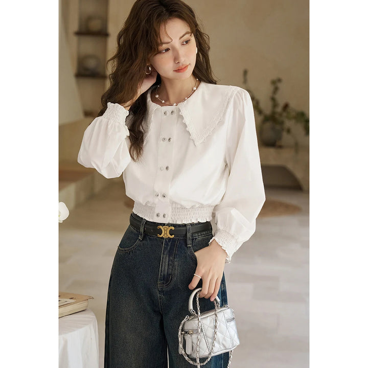 Korean Doll Neck Lace Patchwork Bubble Sleeve Top