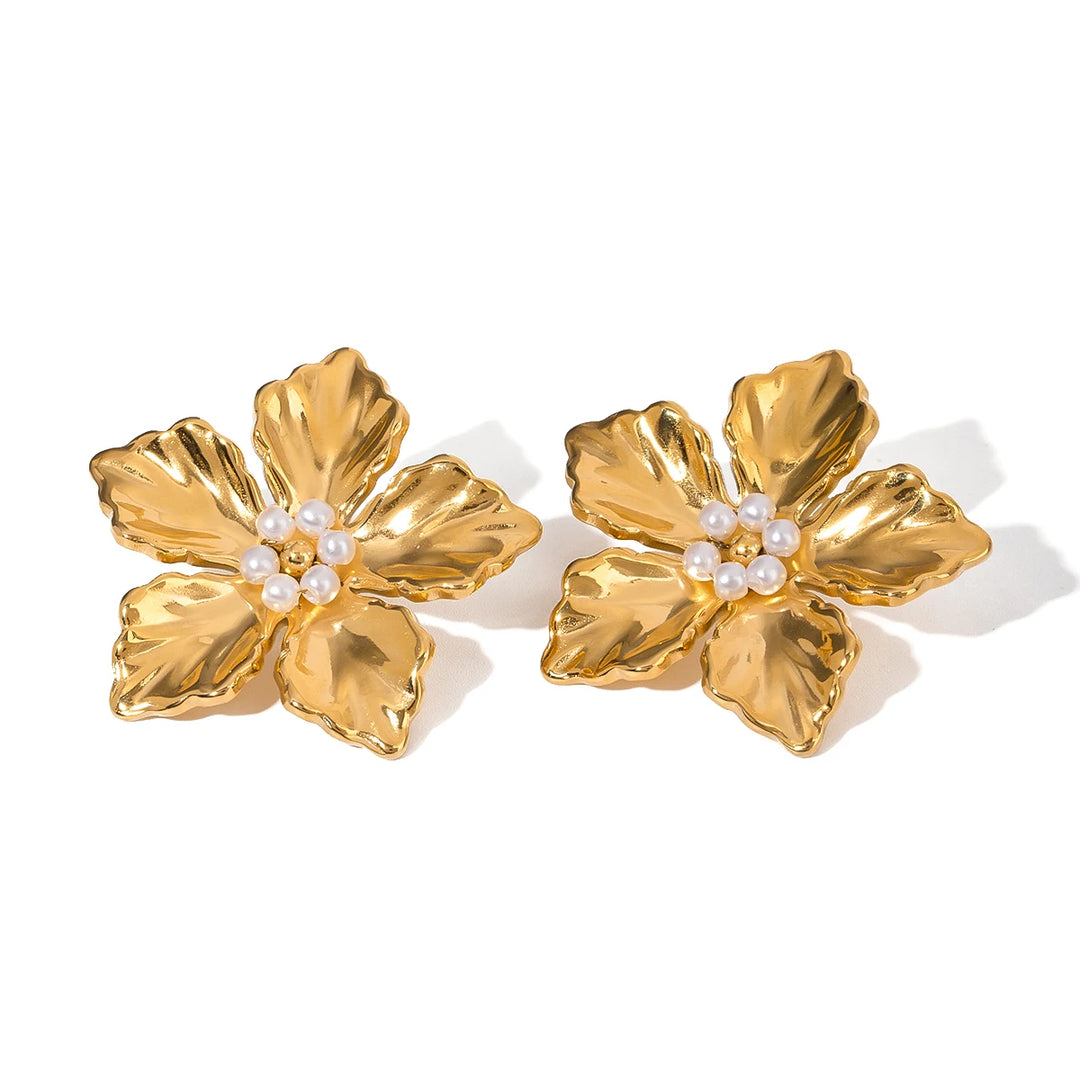 18k Gold Plated Vintage Flower Textured Stainless Steel Statement Earrings