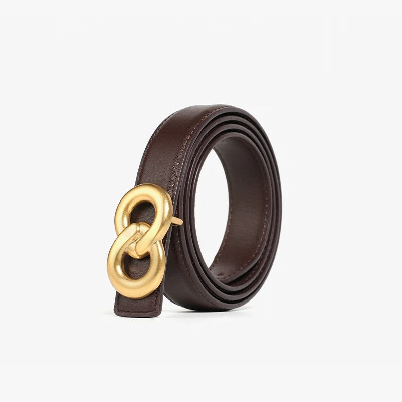 Women's Genuine Leather Belt with Gold Double-Ring Buckle