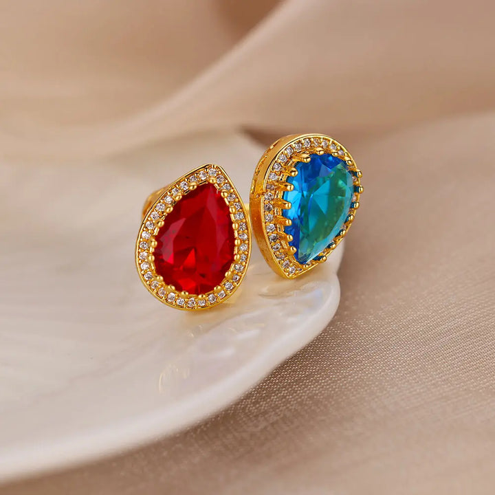 Luxury Water Drop Zircon Rings for Women - Red Blue Cubic Zirconia Stainless Steel Band