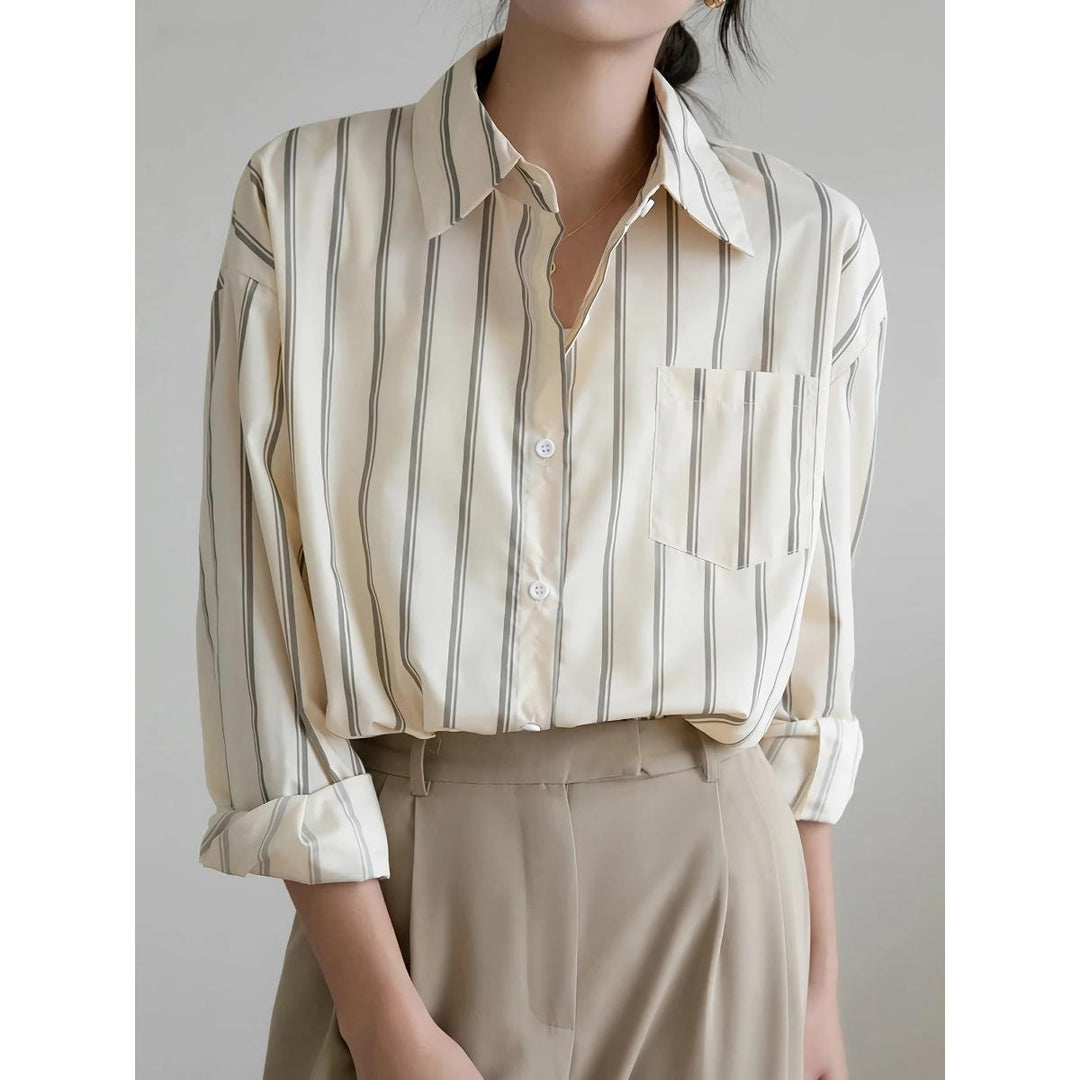 Elegant Striped Office Blouse with Drop Shoulder Design