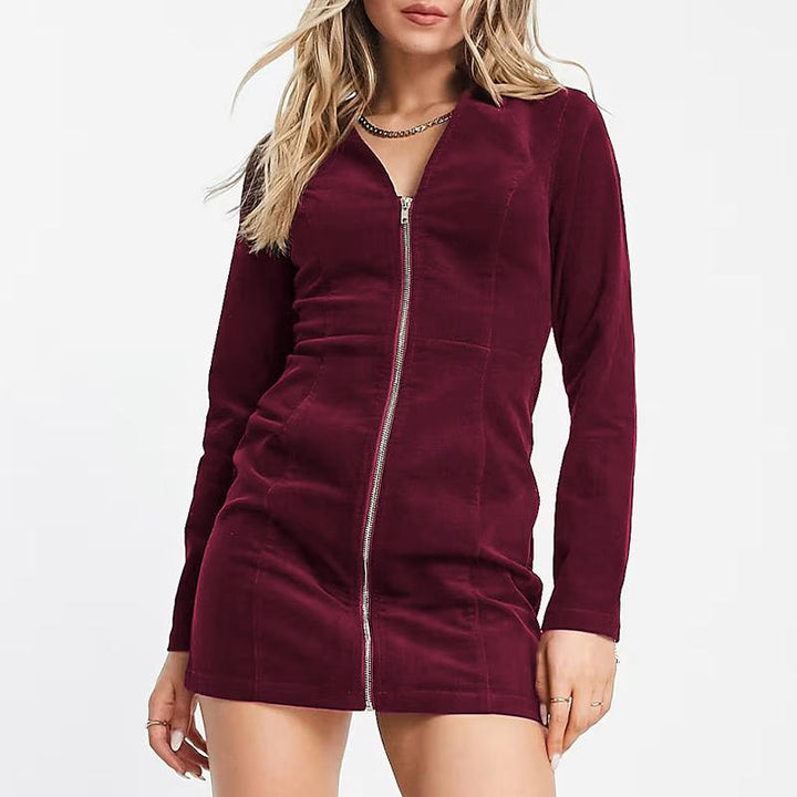 Chic V-Neck Corduroy Zipper Dress - Long Sleeve Mini Party Dress