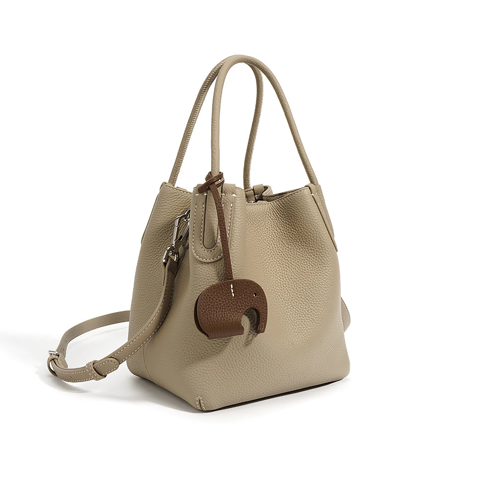 Genuine Leather Retro Bucket Bag for Women – Casual Crossbody and Shoulder Handbag