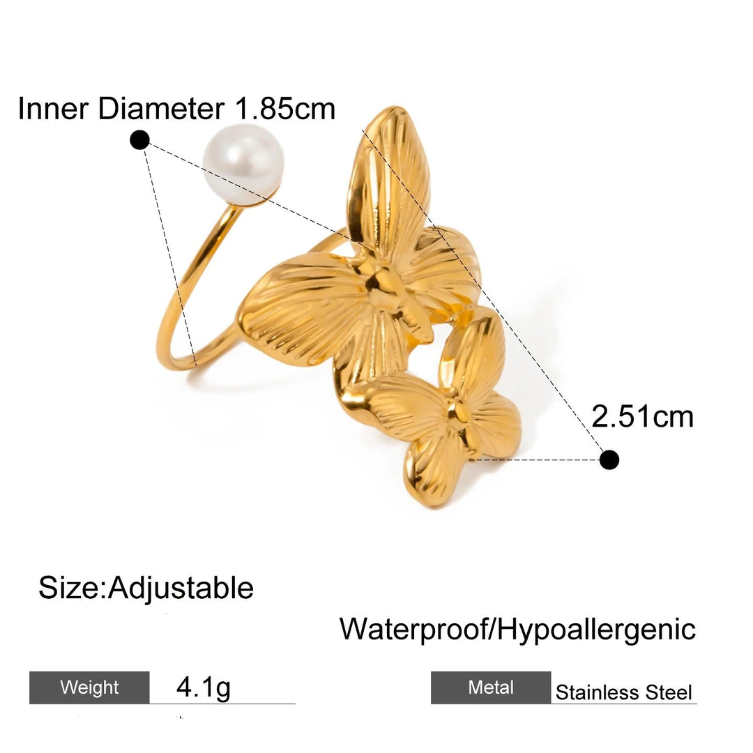 18K PVD Plated Stainless Steel Double Butterfly Pearl Asymmetrical Ring