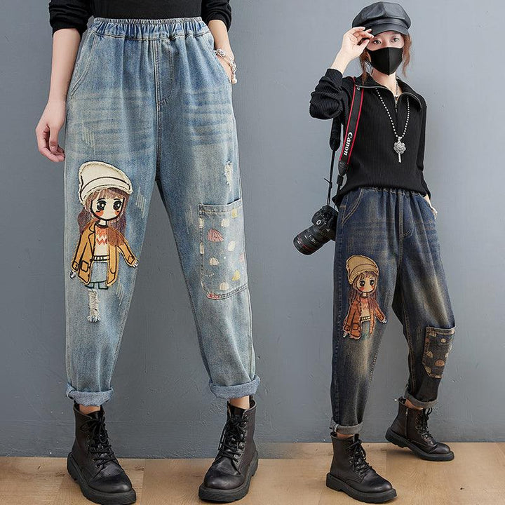 Cartoon Stickers Embroidered Jeans For Women - Trendha