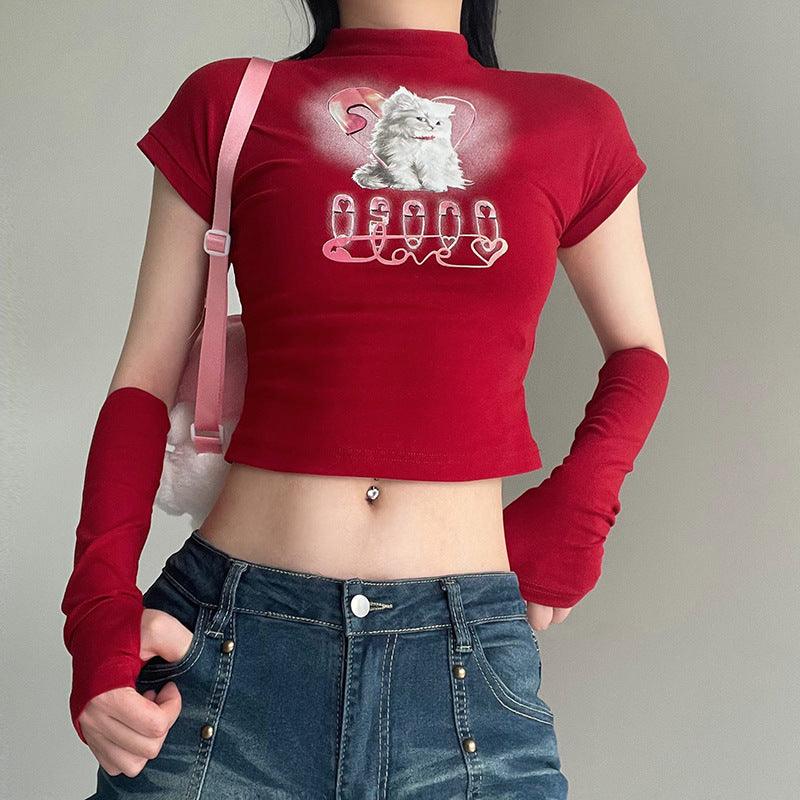 Cat Printing Cropped T-shirt Street Style