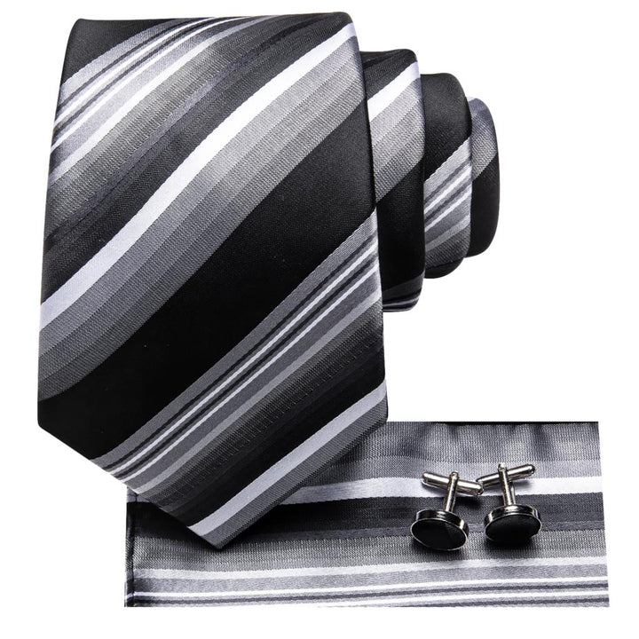 Elegant Black Grey Striped Men's Necktie with Matching Cufflinks and Handkerchie