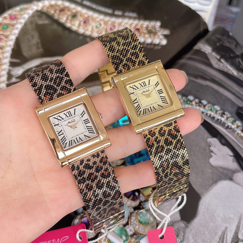 Fashion Steel Belt Leopard Print Mesh Square Watch For Women