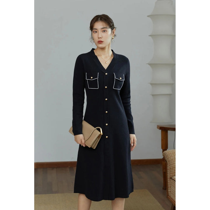 Elegant Black V-Neck Knitted A-line Winter Dress