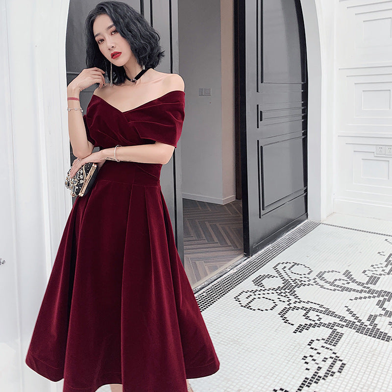 Off-shoulder Toast Bride Wine Red Dress