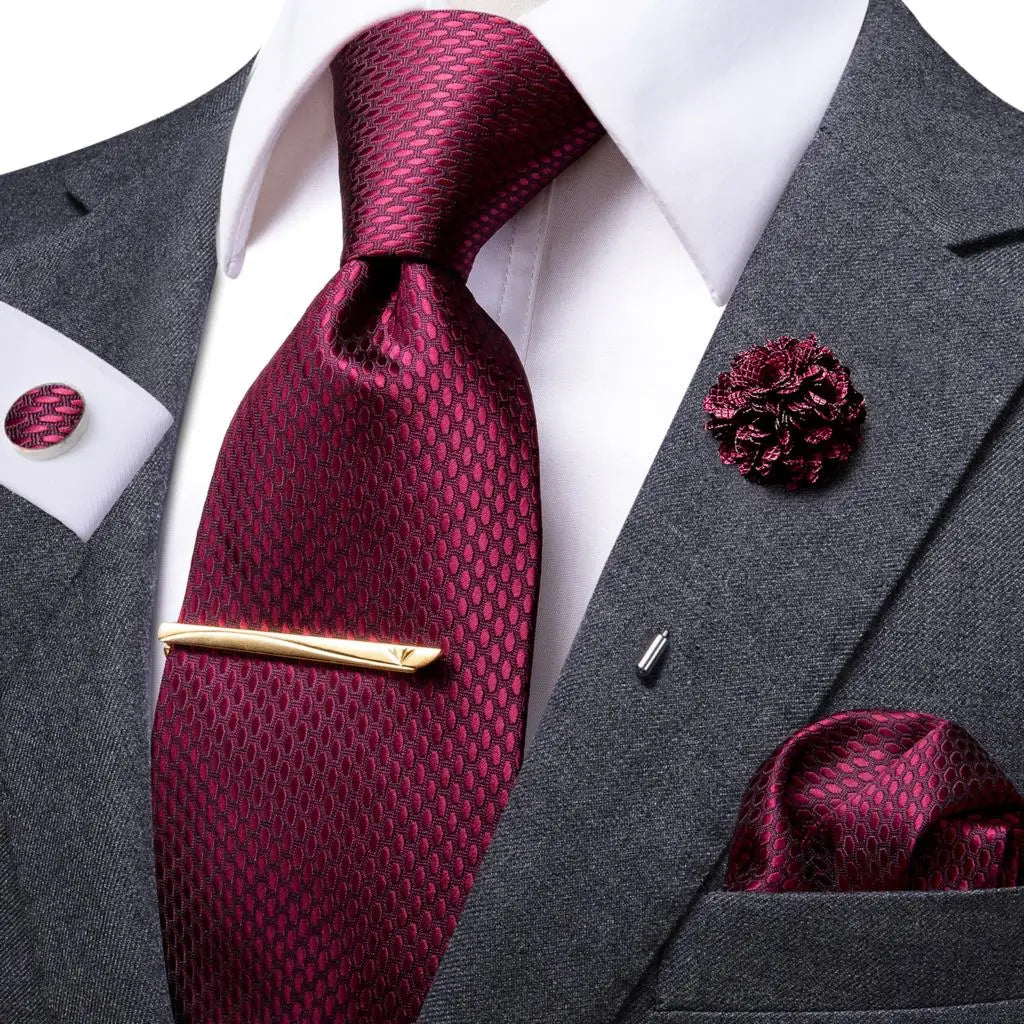 Elegant Red Burgundy Silk Wedding Tie with Matching Handkerchief and Cufflinks