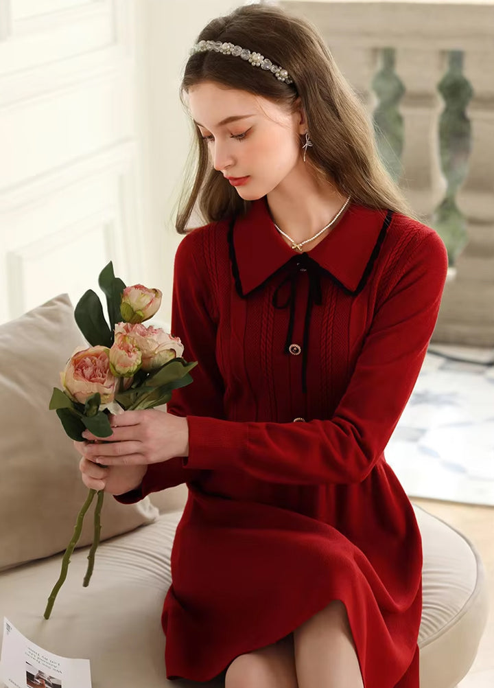 Elegant Vintage Red Long Sleeve Knitted Dress